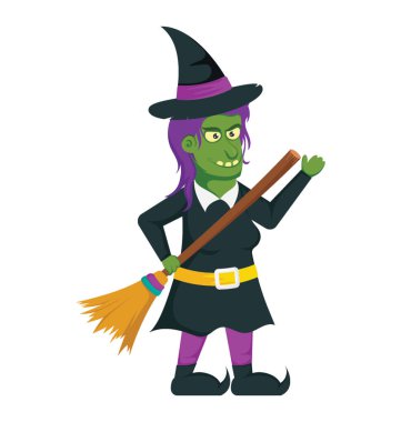 Zombi büyücülük şapka ve süpürge sopası el giymiş, zombi cadı simgesi