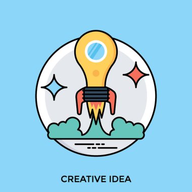 Bir ampul artırılması tarihlerde yaratıcı bir fikir simgesini belirten bir roket gökyüzünde başlatmak için hazır 