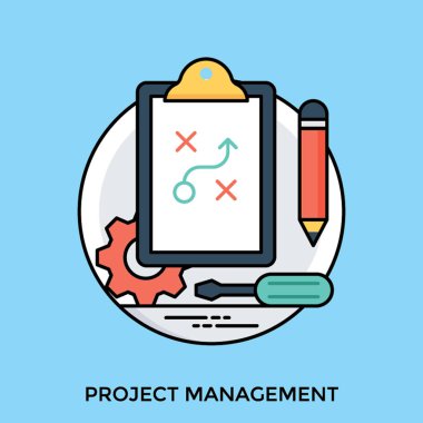 Tornavida, konsept için proje yönetimi simgesini sürüş ile diyagram, bazı çizim araçları ve cog gösteren adobe ile pano 