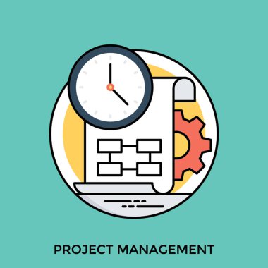 Diyagramı proje adımları, bir duvar saati ve proje yönetimi ifade eden arka vites ile kağıt 