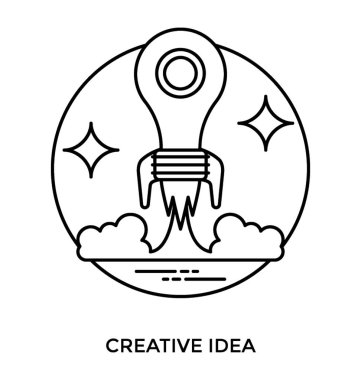 Bir ampul artırılması tarihlerde yaratıcı bir fikir simgesini belirten bir roket gökyüzünde başlatmak için hazır 