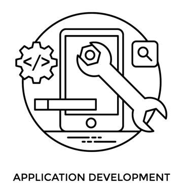 Bazı sürecinde bir smartphone ve dişliler, arama sembolü ve ses düğmesi, bir bütün olarak tüm belirtir uygulama geliştirme yapma bir somun anahtarı 