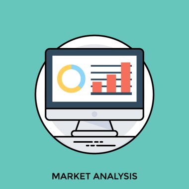 Bir çubuk grafik ve piyasa analizi simgesi sunmak için pasta grafik sahip bir monitör ekran