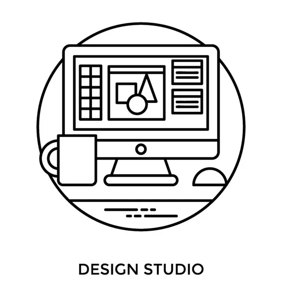 Tavolo Lavoro Designer Con Tazza Schermo Computer Con Forme Geometriche — Vettoriale Stock