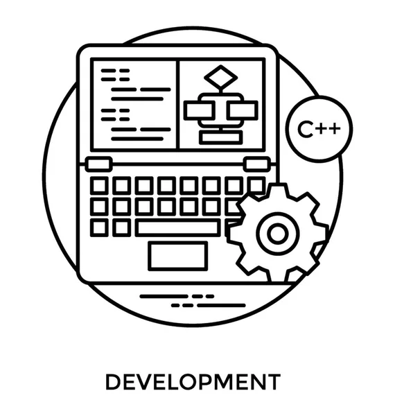 Laptop Screen Some Coding Algorithms Cogwheel Sign Process Development Icon — Stock Vector