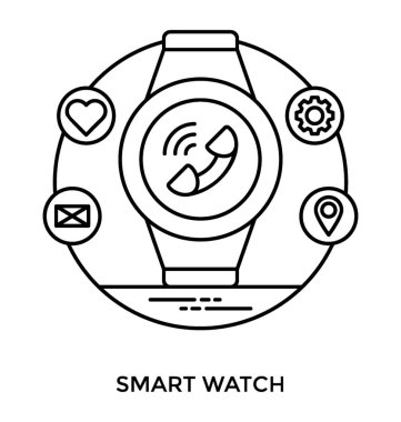 Farklı küçük grafik konumu, sağlık, ayarları ve takılabilir teknolojileri simgeleyen posta sahip bir smartwatch 