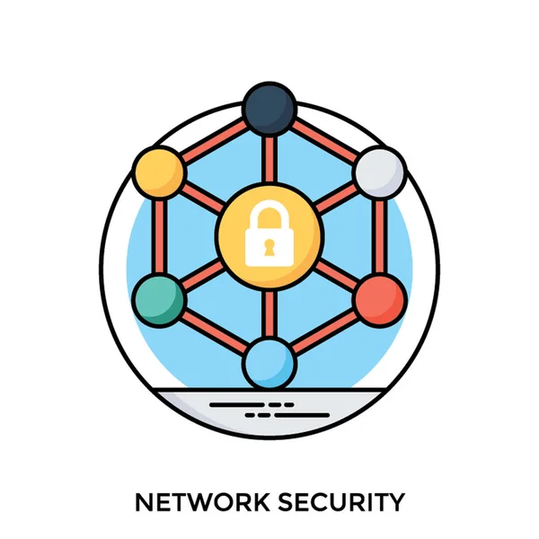 Network Nodes Attached Hub Lock Sign Symbolizing Network Security — Stock Vector