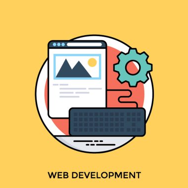 Web geliştirme simgesi açıklayan sahne, bir web sayfası şablonu ve dişli işareti iliştirilmiş klavye 