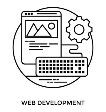 Web geliştirme simgesi açıklayan sahne, bir Web sayfası şablonu ve dişli işareti iliştirilmiş klavye 