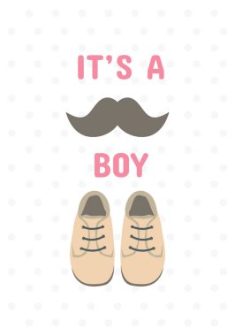 Bir kart bıyık Ayakkabı ve çocuğun beklenen Doğum resmeden bir bebek çocuk yazılmış metni sahip  