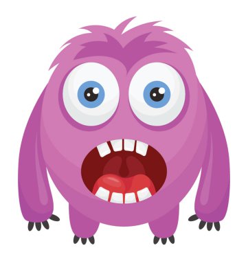 Bir pembe renkli korkunç yüzlü yaratık şişkin gözler ve büyük dişleri ve sıradışı vücut tuhaf canavar karakterize 