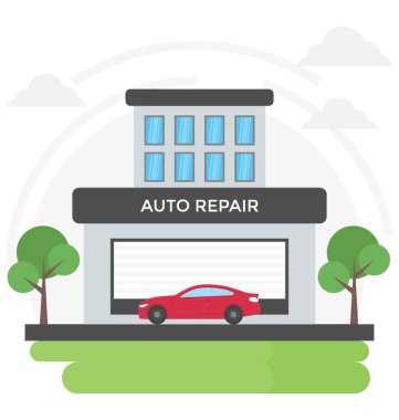 Cephe otomatik onarım işareti ile bina dışında araba park