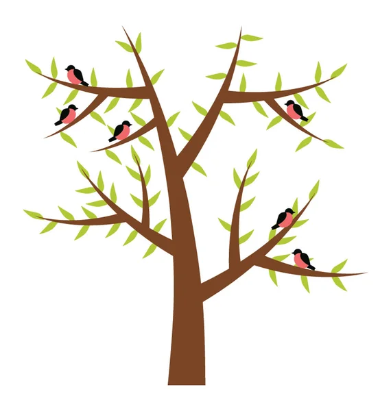 Tree Growing New Leaves Spring Season Birds Sitting Branches — Stock Vector