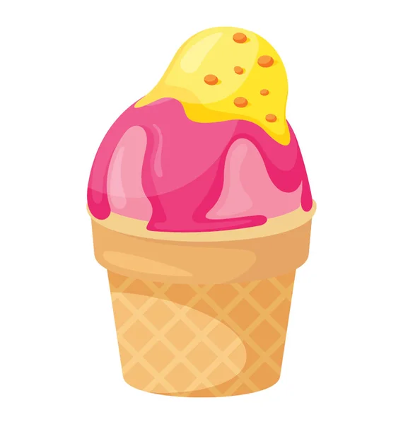 Φράουλα Και Scoop Παγωτό Βανίλια Σιρόπι Φράουλα Κώνο Κύπελλο — Διανυσματικό Αρχείο