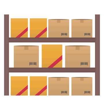Karton paketler, infographing stok birimi simgesi ile rafları