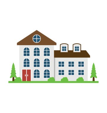 Bir uzun boylu beyaz eğimli çatılar ve ticari alan ve ülke ev temsil eden windows ile bina 