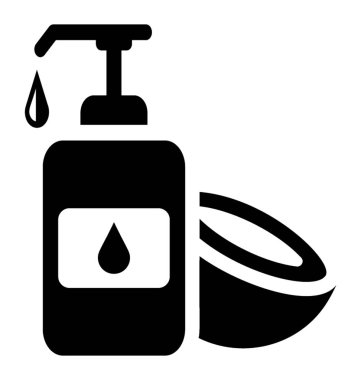 Basma düğmesi ve damlacık plakası, Hindistan cevizi yağı simgesini grafik bir şişeyle yanında bir Hindistan cevizi kabuk yer 