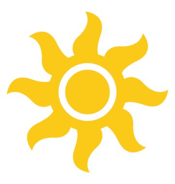 Parlak sarı güneş ışınları, yangın güneş gibi ateşle karikatür şeklinde 