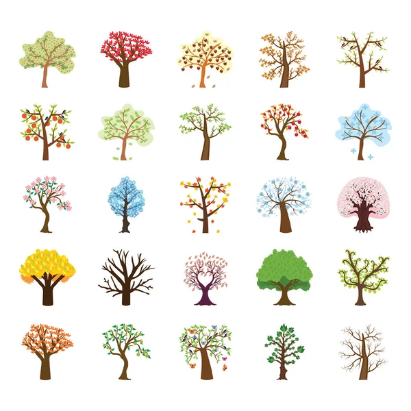 Vier Jahreszeiten Baum Flache Vektorsymbole Gesetzt — Stockvektor