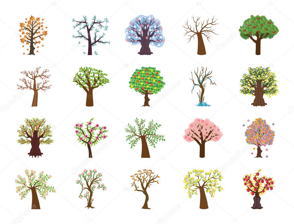 Set of Four Season Tree Flat Vector Icons 