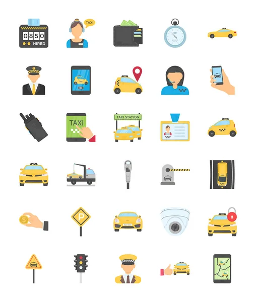 Taxi Services Flat Icons Taxi Cab Driver Parking Meter Gps — Stock Vector