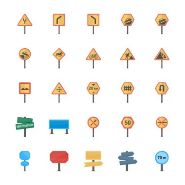 Yol işaretleri ve kavşak düz vektör simgeler paketi 