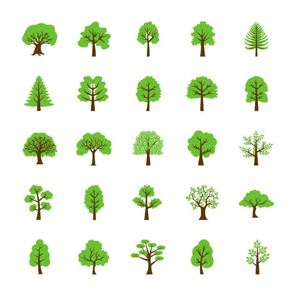 Conjunto Árvores Ícones Vetoriais Planos — Vetor de Stock