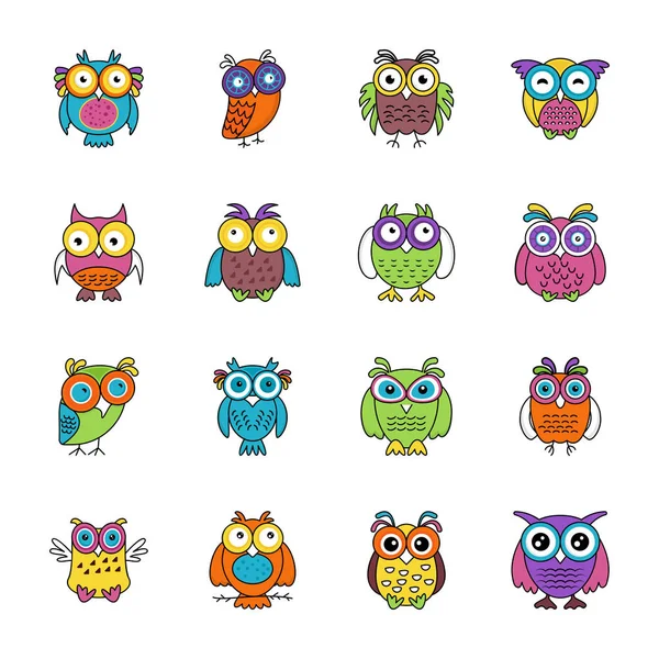 Owl Tecknad Platt Ikoner — Stock vektor
