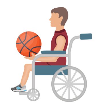 Tekerlekli sandalye üzerinde oturan ve tekerlekli sandalye basketbol için simge ifade eden basketbol tutan bir Engelli basketbol oyuncusu