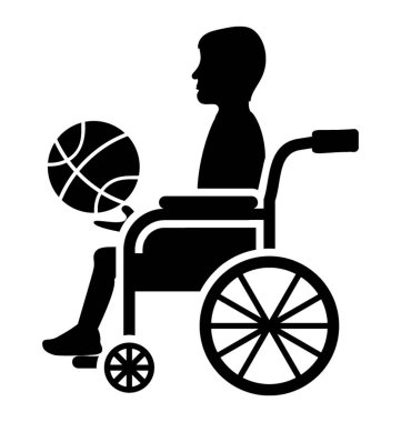 Tekerlekli sandalye üzerinde oturan ve tekerlekli sandalye basketbol için simge ifade eden basketbol tutan bir Engelli basketbol oyuncusu