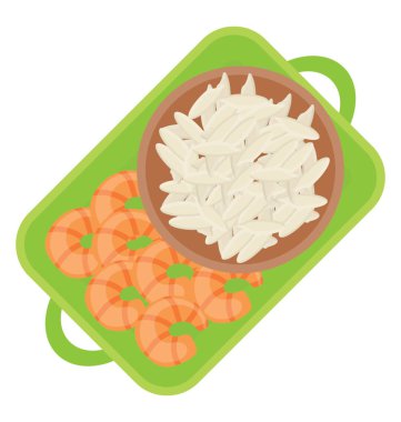 Deniz ürünleri karides ve bir yemek gıda olarak kullanılan pirinç ile 