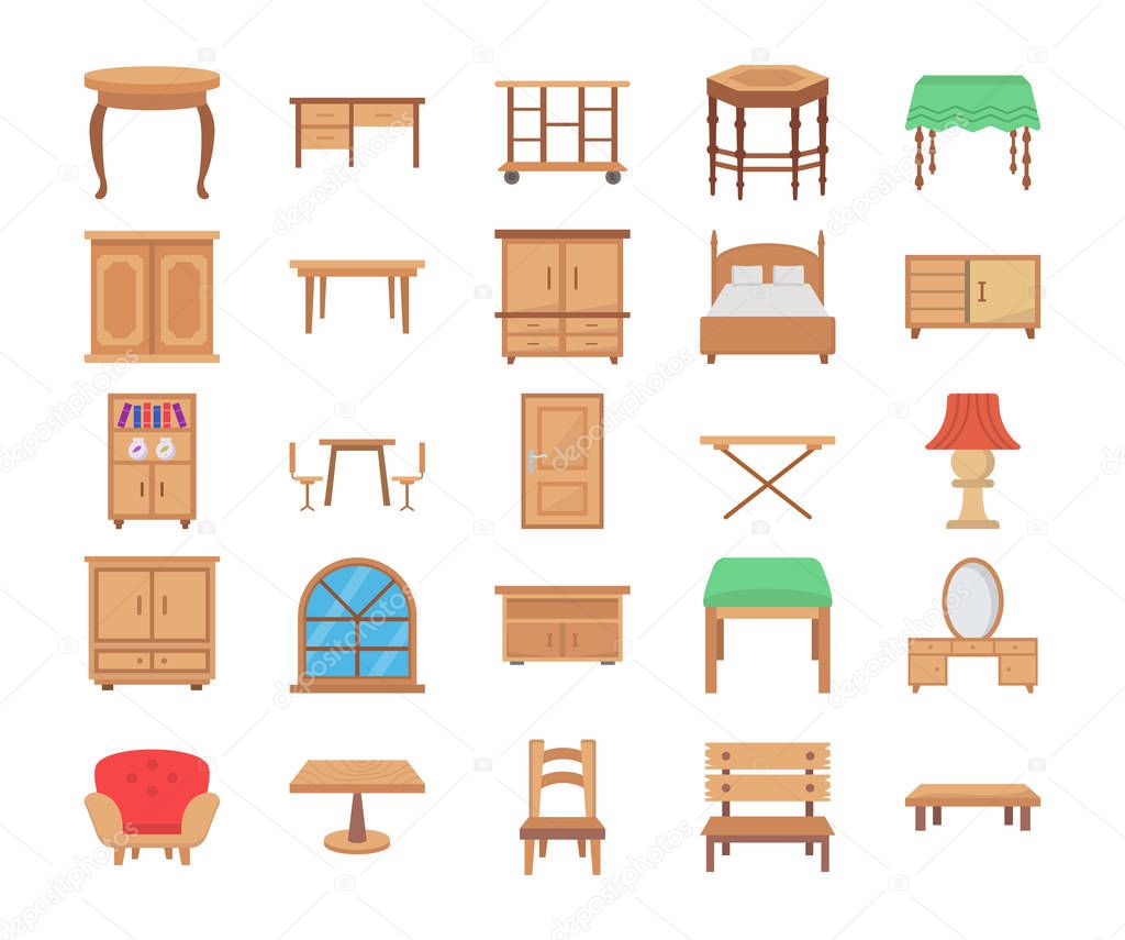 Wooden Furniture Flat Vector Icons 