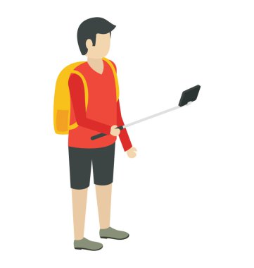 Bir turist selfies alarak ve sırt çantası giyiyor 