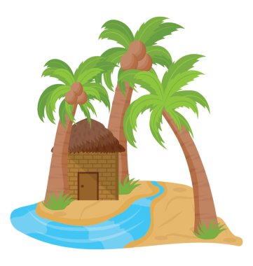 Kulübe ve bitkiler, egzotik ada sahip bir ada 