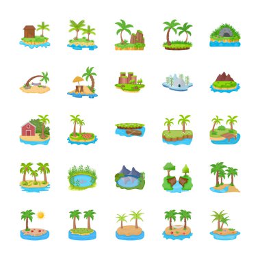 Adaları düz simgelerin farklı sahneleri 