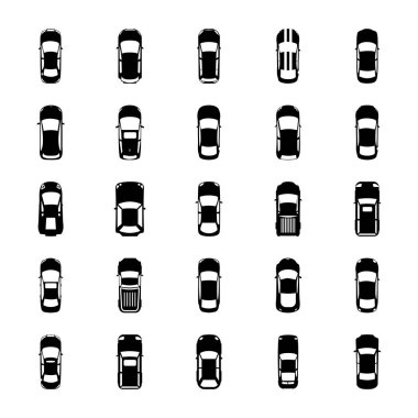 Üstten görünüm renkli arabalar glif simgeler 