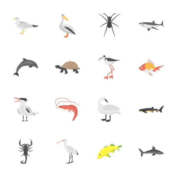 Vida Submarina Animales Iconos Planos — Vector de stock