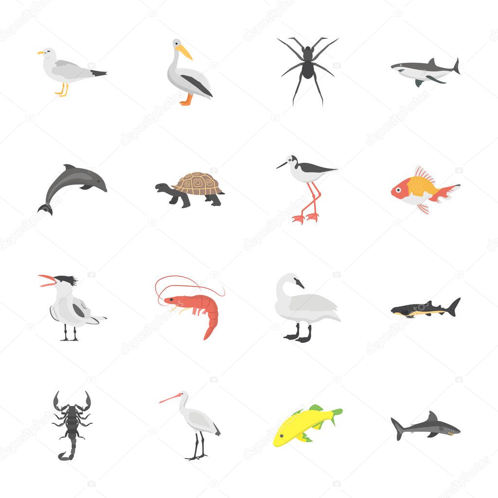 Underwater Life Animals Flat Icons 
