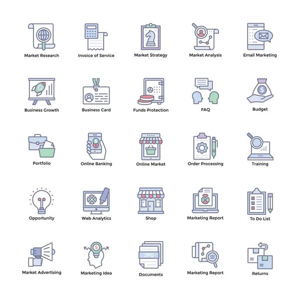 Mercato Economia Icone Piatte — Vettoriale Stock