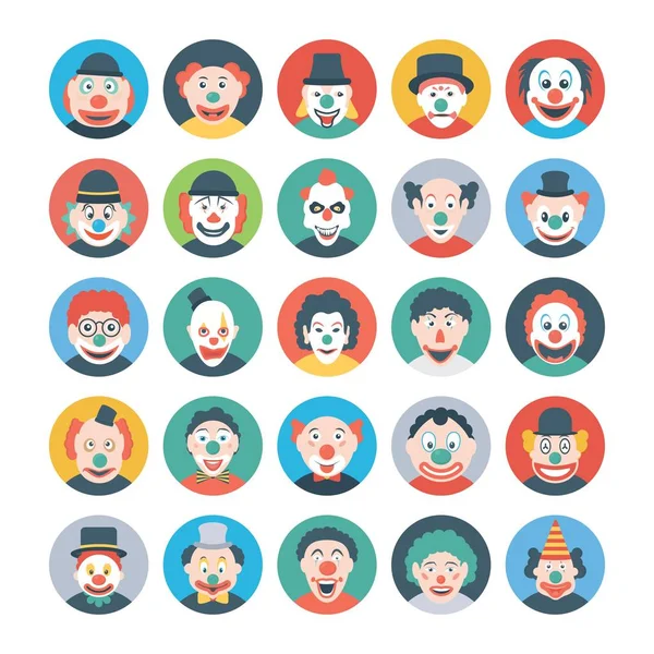 Clown Faces Flat Icons — Stock Vector