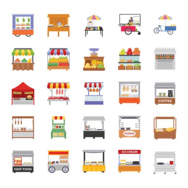 Sokak tezgahları düz simgeler 