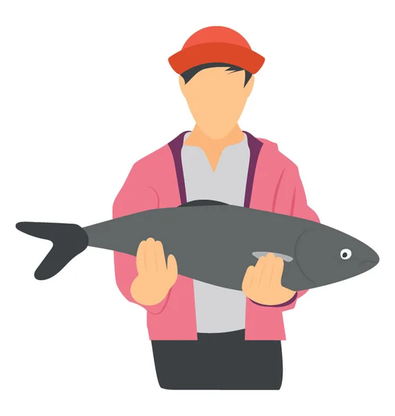 Young Fisherman Holding Fish Fishing Icon Vector — Stock Vector