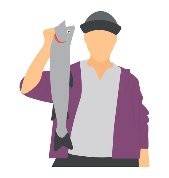 Young Fisherman Holding Fish Fishing Icon Vector — Stock Vector