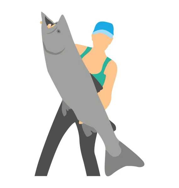 Young Fisherman Holding Big Sized Fish Fishing Icon Vector — Stock Vector