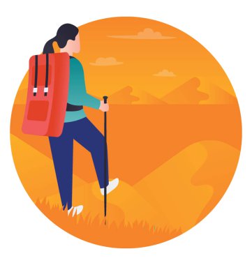 Bir turist sopayla yürüyüş için gidiyor 