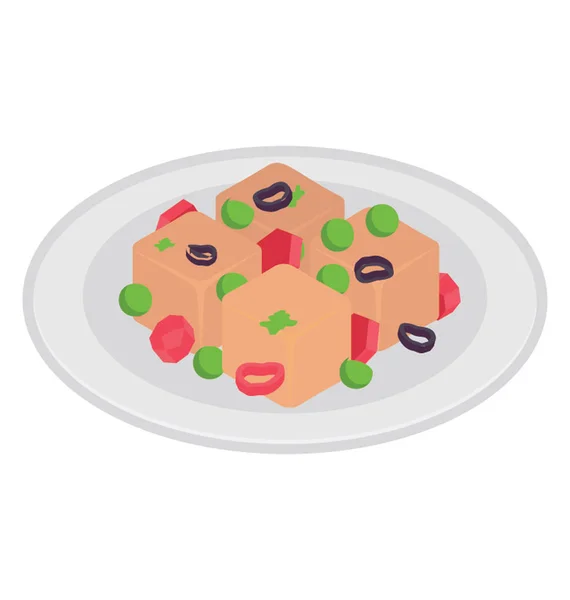 Morceaux Viande Cubique Olives Dans Une Assiette Conceptualisant Plat Italien — Image vectorielle