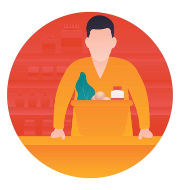 Yiyecek kağıt torba, bakkal alışveriş simgesi ile insan avatar 