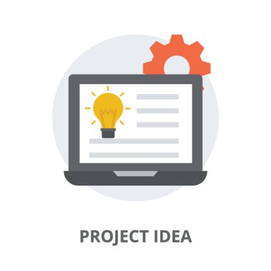 Ampul karikatür, proje fikir simgesi ile dizüstü bilgisayar ekranında 