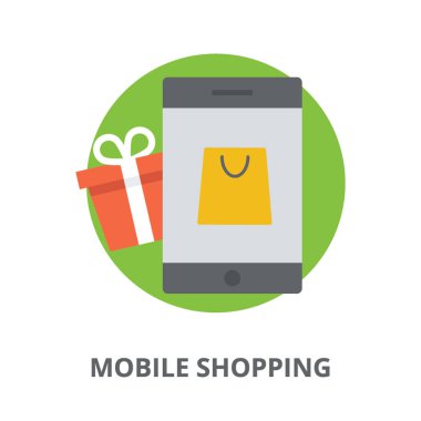 Alışveriş çantası ile birlikte hediye kutusu simgesini mobil alışveriş için ifade eden mobil ekranda 