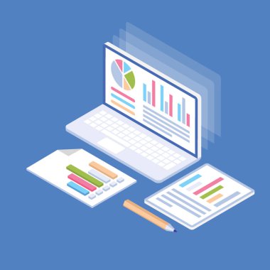 Laptop ile farklı çubuk grafik ve daire grafiği, online grafik sunum 